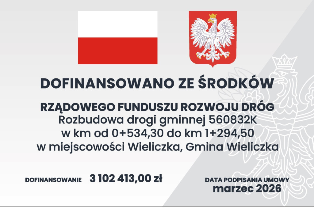 Rozbudowa drogi gminnej 560832K w km od 0+534,30 do km 1+294,50 w miejscowości Wieliczka, Gmina Wieliczka” oraz budowę sieci wodociągowo-kanalizacyjnej